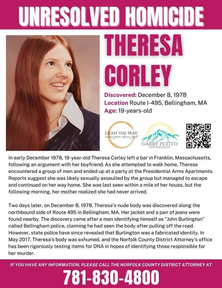 GabbyFind's tweet image. In early Dec 1978 #TheresaCorley was last seen within 1 mile from her home. Days later, on Dec 8, 1978, her body was found along route 495 in Bellingham, #Massachusetts. Theresa's case remains unresolved. Please call Norfolk County DA with any info at 781-830-4800 #TipTuesday