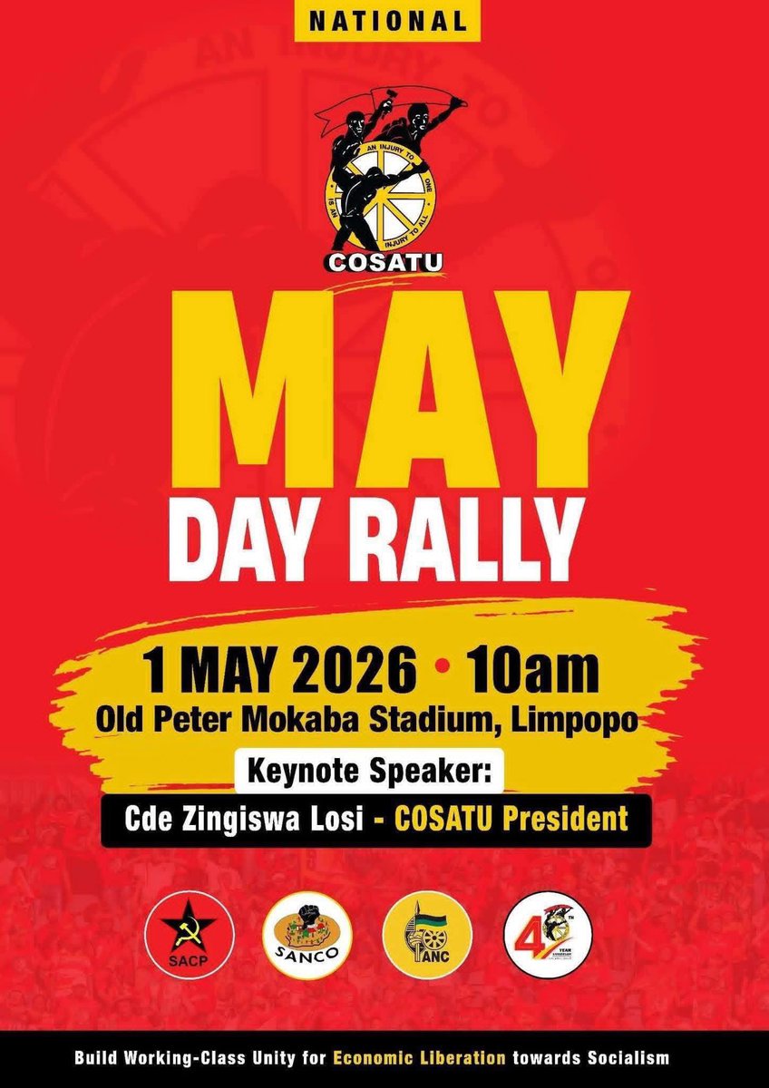 SadtuNational's tweet photo. Cosatu May Day main rally will be held at Old Peter Mokaba Stadium on 1 May 2026. @CapricornFM @SABCNews https://t.co/RnGd0hpuNt