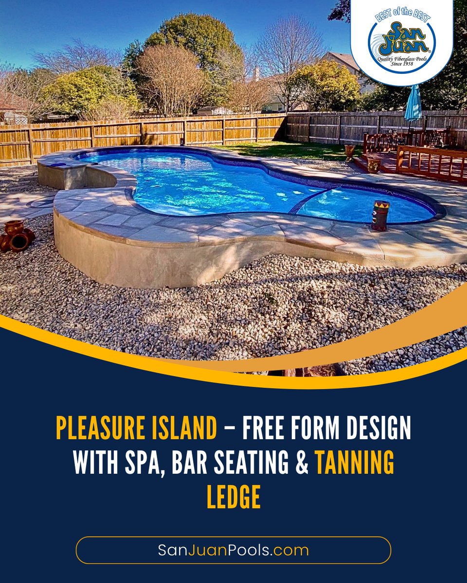 Enjoy the beauty of the Pleasure Island pool with its flowing design, relaxing spa, bar seating, and tanning ledge. Create a space to unwind and connect with family and friends right at home. sanjuanpools.com/models/Pleasur…