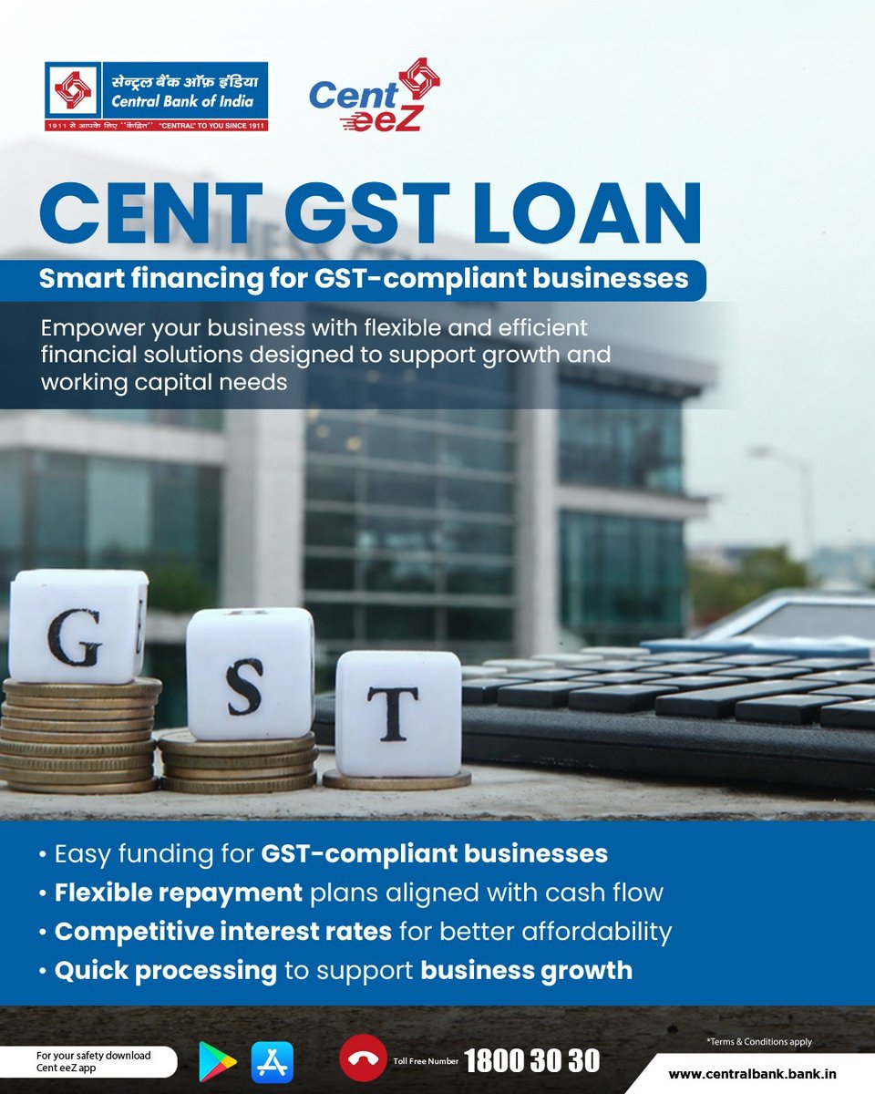 centralbank_in's tweet photo. Simplify financing and accelerate your business growth with solutions built for today’s GST-driven economy.
#GSTLoan #BusinessFinance #MSMESupport #CentralBankOfIndia #CentralToYouSince1911 https://t.co/jizBQBzjIK