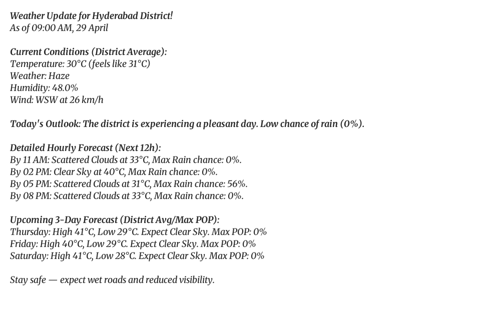 HyderbadWeather's tweet image. Good morning, Hyderabad! 👋
It's currently 30°C (feels like 31°C) with Haze.
Tomorrow: Clear Sky, high of 41°C.
#Hyderabad #Windy #RainAlert #HyderabadRains #weatherupdate