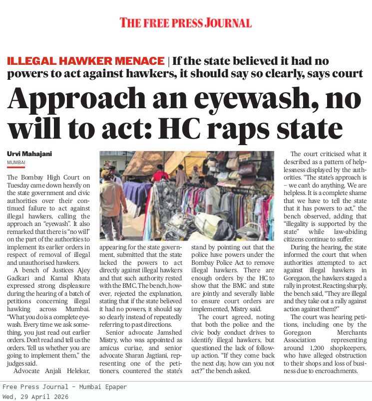 mumbaimatterz's tweet image. Bombay High Court Slams State, BMC Over #IllegalHawkers; 

Calls Approach An ‘Eyewash’

If the state govt believed it had no powers, it should say so clearly instead of repeatedly referring to past directions.

@fpjindia
@UrviJM

freepressjournal.in/mumbai/bombay-…
