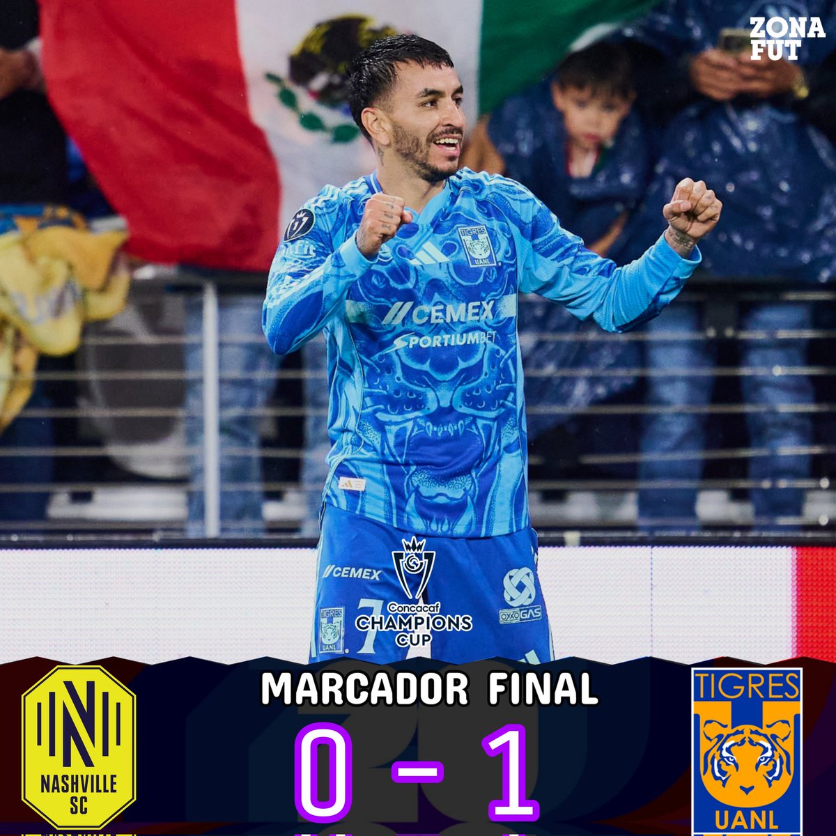 ZonaFUT1's tweet image. ¡RUGEN VICTORIA VICTORIA! 

#ConcaChampions | 🇺🇸 #NAS 0-1 #TIG 🇲🇽 

Con el único gol que hubo en el Geodis Park, @TigresOficial gana la ida de la semifinal de la @TheChampions imponiéndose ante Nashville. 

GOLES 
🇲🇽 Correa