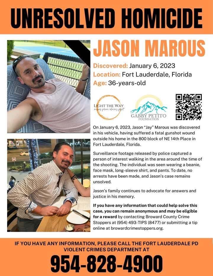 GabbyFind's tweet image. On Jan 6, 2023, #JasonMarous was discovered in his vehicle, having suffered a fatal gunshot wound outside his home Fort Lauderdale, #Florida.

Surveillance footage released by police
Jason’s family continues to advocate for answers and justice in his memory.

#TipTuesday #Reward