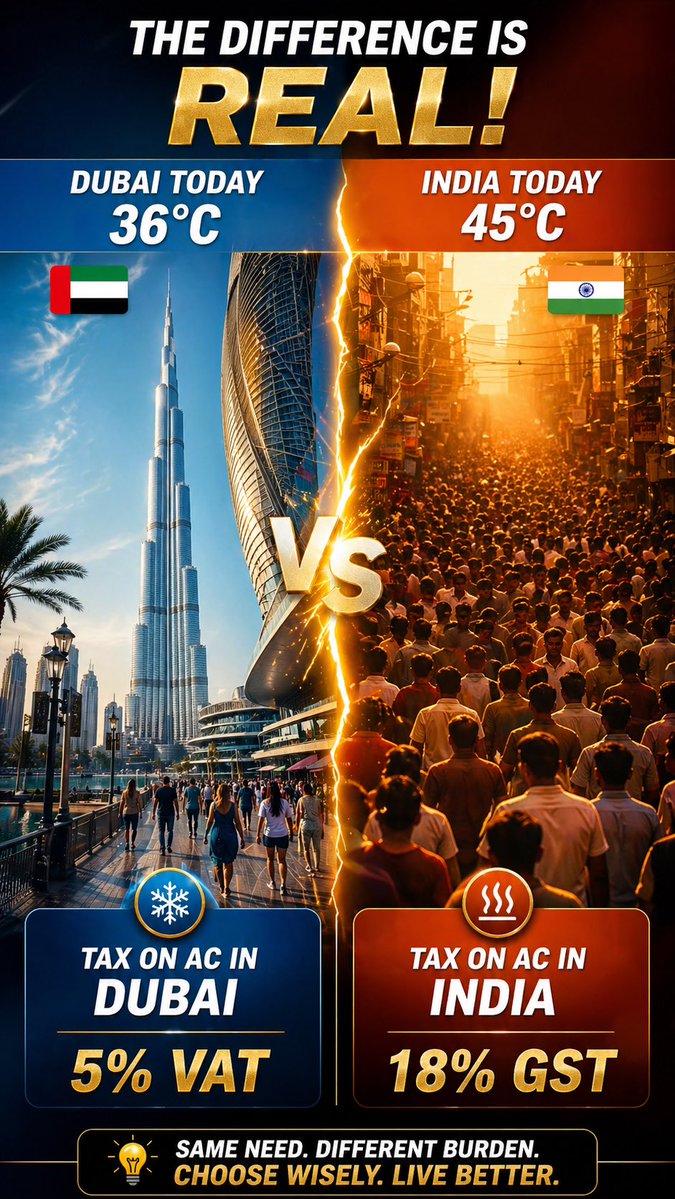 subgquiz's tweet image. DUBAI VS INDIA IN SUMMER Same heat, different reality 🌡️🔥

#IndiaVsDubai #HeatWave #GST #VAT #India #Dubai #Comparison #Trending #ReelsIndia #Facts #Viral #SummerHeat