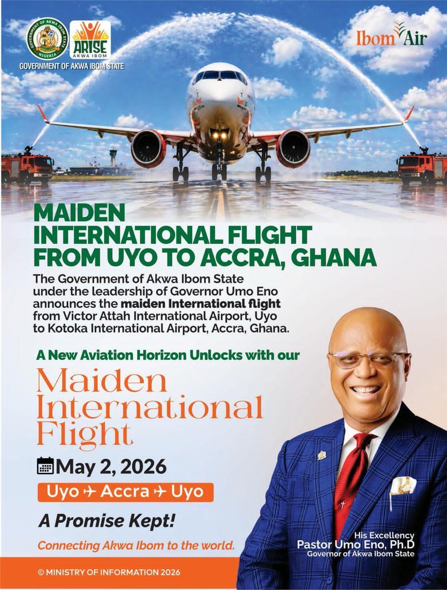 IniAKPANN's tweet photo. ✈️ HISTORY MADE! 🔥  
Uyo Airport is NOW INTERNATIONAL! 🇳🇬➡️🇬🇭  
First flight: Uyo → Accra, Ghana  
📅 Takes off Sat, May 2, 2026  
Operated by Ibom Air 💙  
Akwa Ibom to the WORLD 🌍  
#UyoToTheWorld #IbomAir #AkwaIbom #NigeriaAviation #May2 #Ghana https://t.co/vwakylPt9d