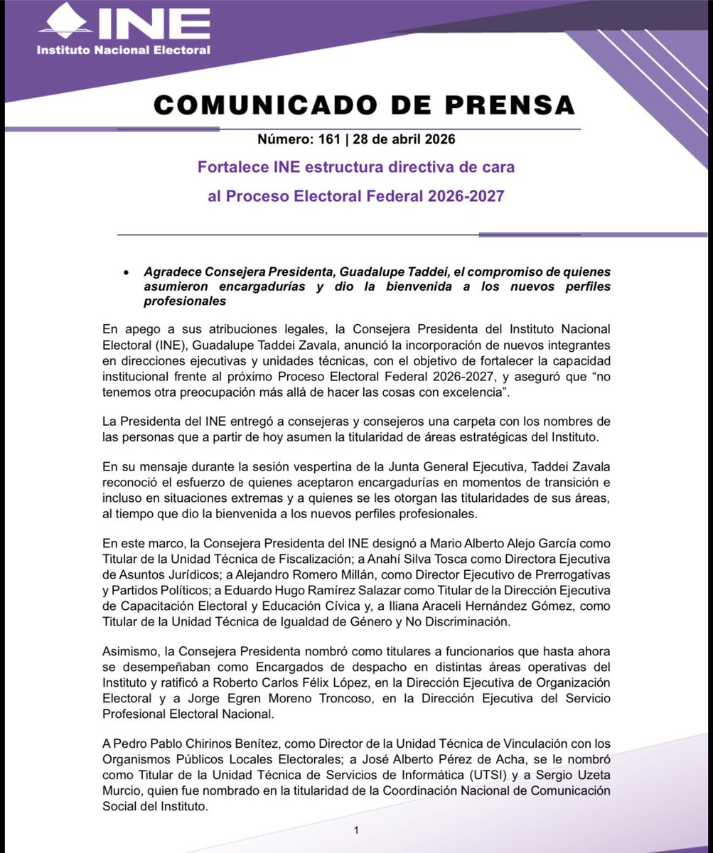 ErnestoGuerra_'s tweet photo. CAMBIOS EN LA ESTRUCTURA EN EL INE:

👉 Mario Alberto Alejo García como Titular de la Unidad Técnica de Fiscalización;
👉Anahí Silva Tosca como Directora Ejecutiva de Asuntos Jurídicos;
👉Alejandro Romero Millán, como Director Ejecutivo de Prerrogativas y Partidos Políticos; 
👉Eduardo Hugo Ramírez Salazar como Titular de la Dirección Ejecutiva de Capacitación Electoral y Educación Cívica 
👉Iliana Araceli Hernández Gómez, como
Titular de la Unidad Técnica de Igualdad de Género y No Discriminación
👉Eduardo Meza Rincón, Titular de la Dirección Ejecutiva de Administración (a partir del 16 de mayo)

RATIFICÓ A QUIENES ERAN ENCARGADOS YA COMO TITULARES A:

👉Roberto Carlos Félix López, en la Dirección Ejecutiva de Organización Electoral
👉Jorge Egren Moreno Troncoso, en la Dirección Ejecutiva del Servicio Profesional Electoral Nacional
👉Pedro Pablo Chirinos Benitez, como Director de la Unidad Técnica de Vinculación con los Organismos Públicos Locales Electorales; a 
👉José Alberto Pérez de Acha, Titular de la Unidad Técnica de Servicios de Informática (UTSI)
👉Sergio Uzeta Murcio, Titular de la Coordinación Nacional de Comunicación Social