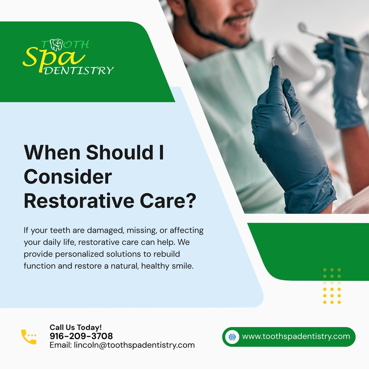 toothspadent's tweet photo. Don’t let damaged teeth affect your daily comfort 🦷💪✨ Explore our restorative options to regain function, confidence, and a beautiful smile! 

#LincolnCA #DentalCareServices #RestorativeDentistry #HealthySmile #SmileRestoration https://t.co/dQQUzqaMJC