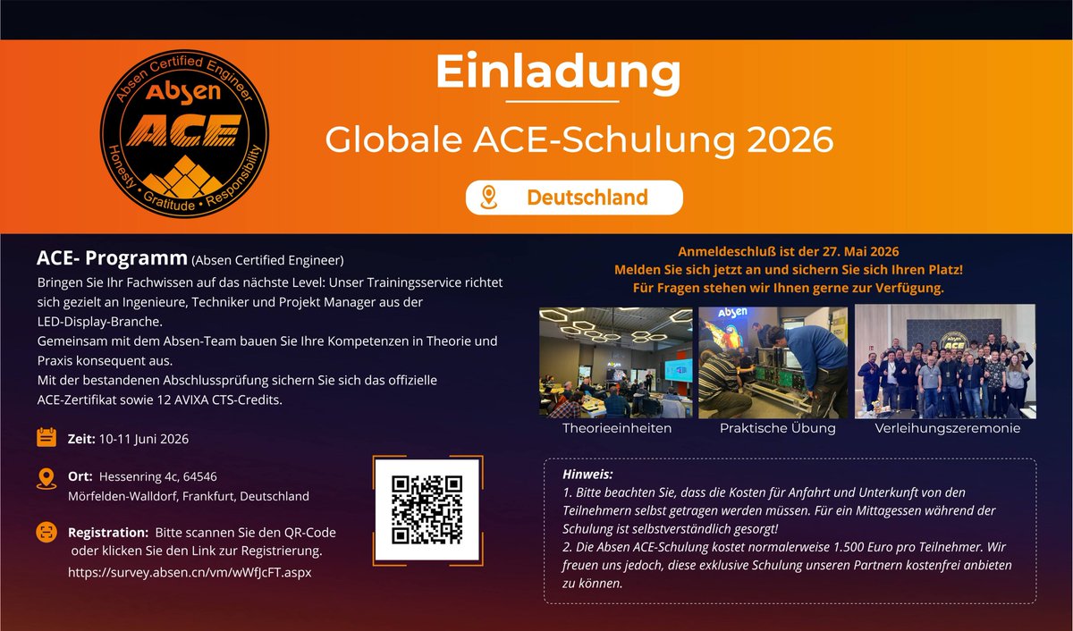 Absenservice's tweet image. Absen's 2026 Global ACE Training is coming to Germany!

📅 Date: June 10–11, 2026
📍 Location: Frankfurt (Mörfelden-Walldorf)

⏰ Deadline: May 27, 2026
🔗 Register:
survey.absen.cn/vm/wWfJcFT.aspx
Limited seats – secure yours now!

#Absen #ACE #LEDTraining #Frankfurt