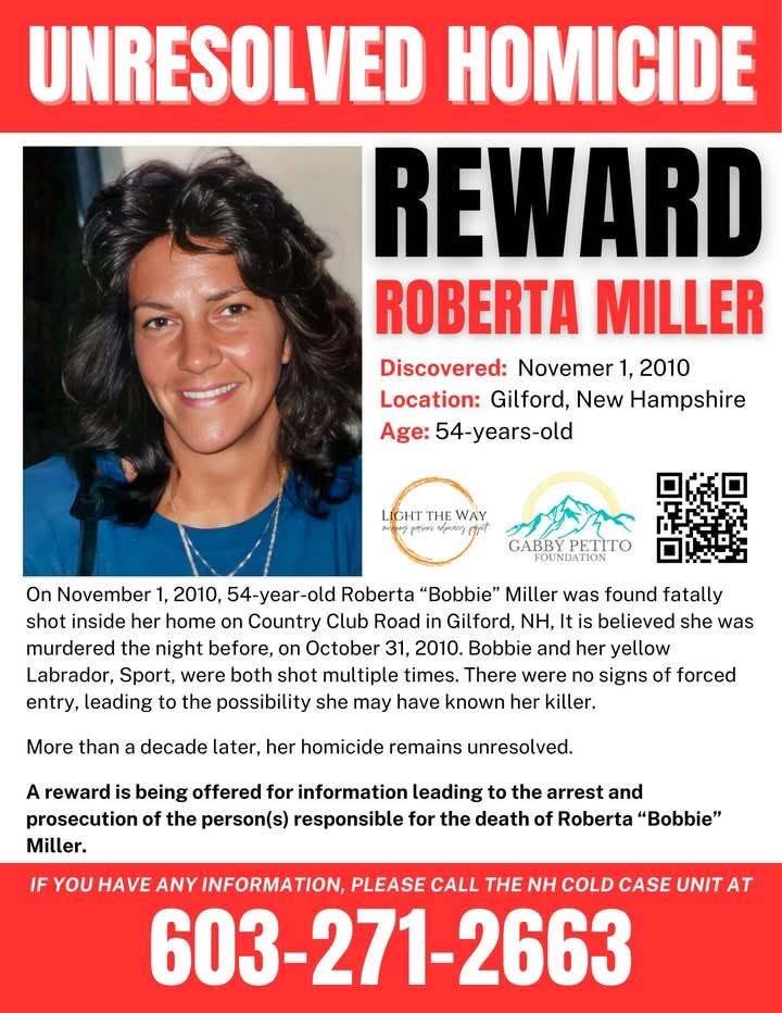 GabbyFind's tweet image. On November 1, 2010, Roberta “Bobbie” Miller was found fatally shot inside her home on Country Club Road in Gilford, #NewHampshire, It is believed she was murdered the night before, on October 31, 2010. 
#TipTuesday #NHUnsolved