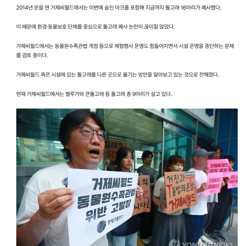[연합뉴스] 거제씨월드서 17살 돌고래 '마크' 폐사…사인 만성폐렴·심낭염 yna.co.kr/view/AKR202604…

국내 최대 돌고래 체험시설인 경남 거제씨월드에서 올해 초 돌고래가 폐사한 사실이 뒤늦게 알려졌다. 지난 1월 21일 오전 거제시 일운면에 있는 거제씨월드에서 암컷 큰돌고래 '마크'가 숨졌다.