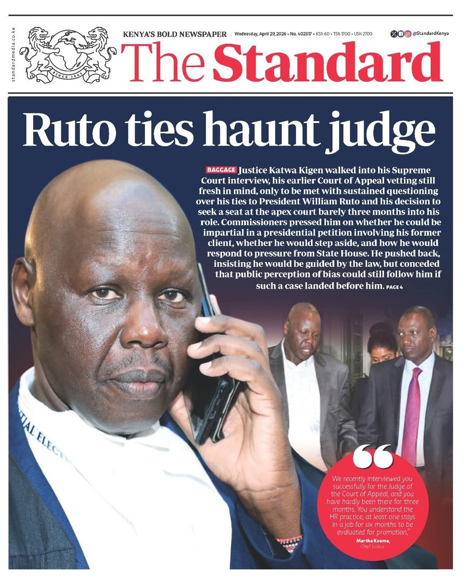 For the sake of public interest and reputation of the judiciary Chief Justice Martha Koome should disqualify Court of Appeal Judge and SC Justice Katwa Kigen from vying for the position of Supreme Court Judge. His relationship with Ruto is making Kenyans uncomfortable.