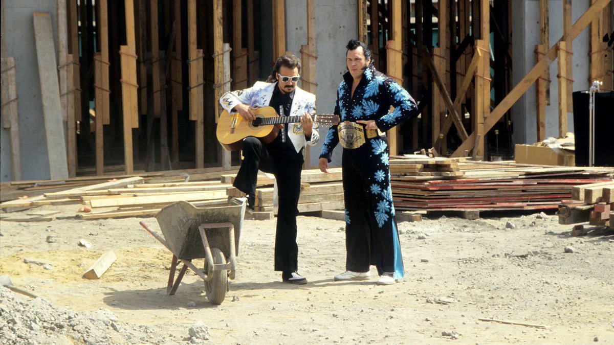 WWFWrestling1's tweet image. Jimmy Hart &amp;amp; Honky Tonk Man on set during the making of the 'Piledriver' music video. 🎶 #WWF #WWE #Wrestling #JimmyHart #HonkyTonkMan