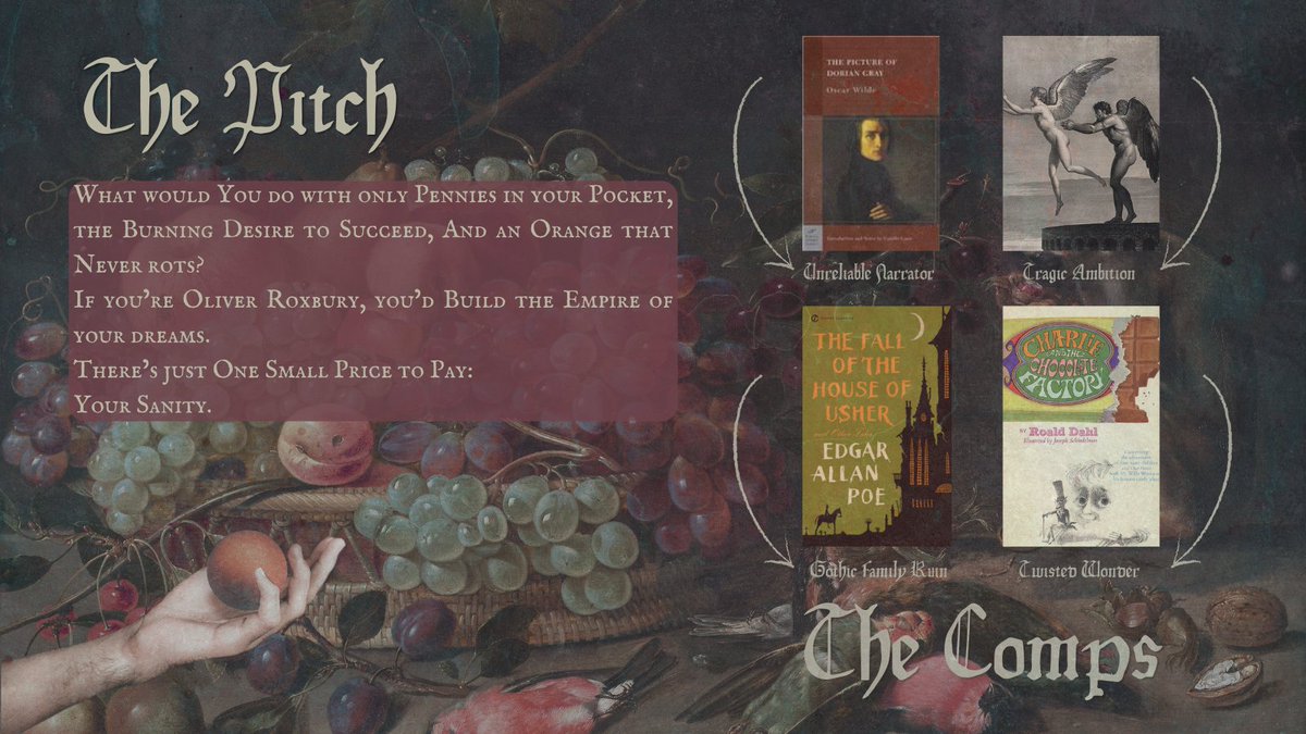 ven_fren's tweet image. 🍊Unreliable narrator convinced he's the hero
🍊Victorian Gothic Vibes 
🍊Unstable reality
🍊An orange that never rots

ORANGE

DORIAN GRAY x THE FALL OF THE HOUSE OF USHER x CHARLIE AND THE CHOCOLATE FACTORY
#questpit #H #A #S #querying