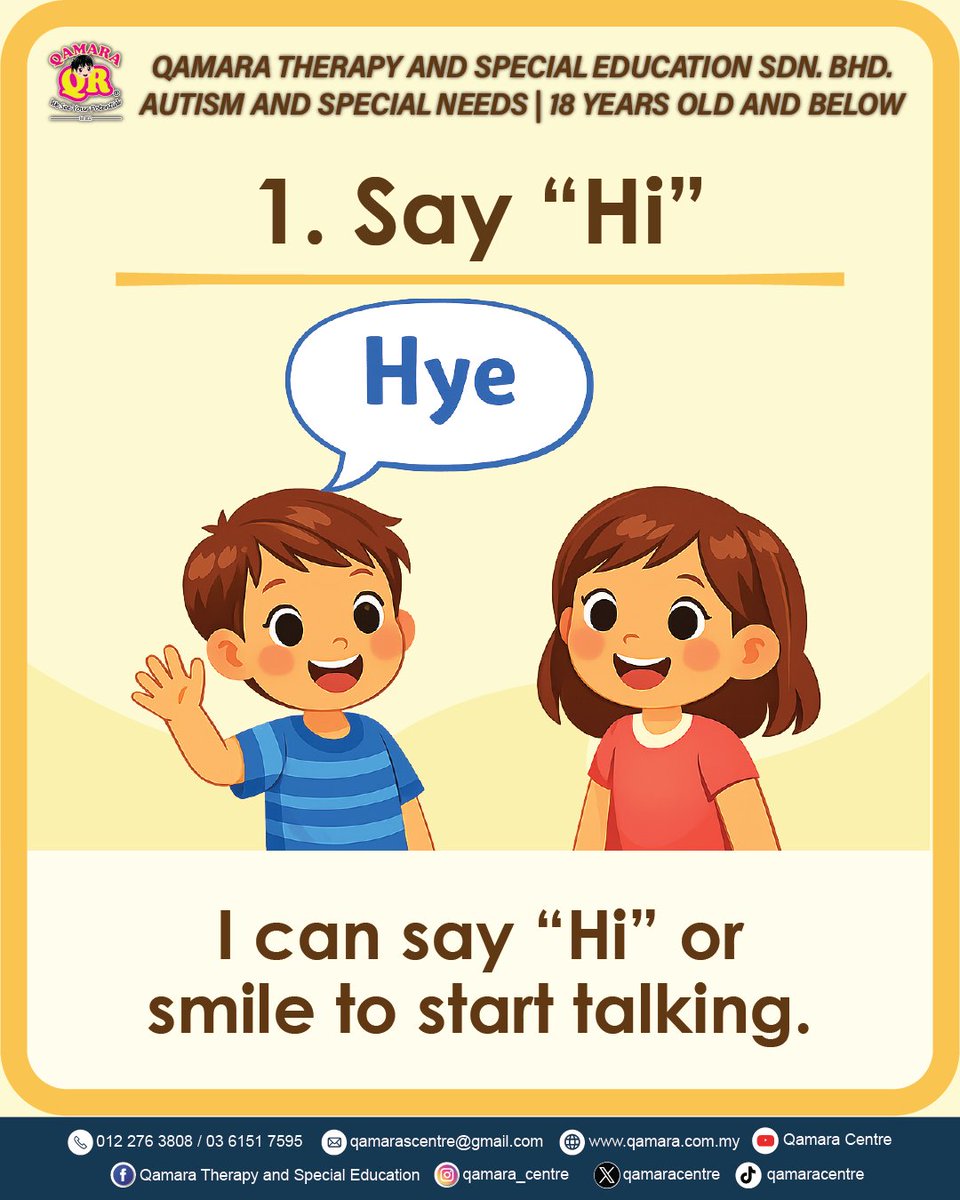 qamaracentre's tweet image. Hi parents! 👋
Learning to make friends starts with a simple “hi” 😊
Small steps like this help build confidence and social skills 💛
#AutismSupport #QamaraTherapyAndSpecialEducation #ParentingTips #SocialSkills #QamaraCentre
