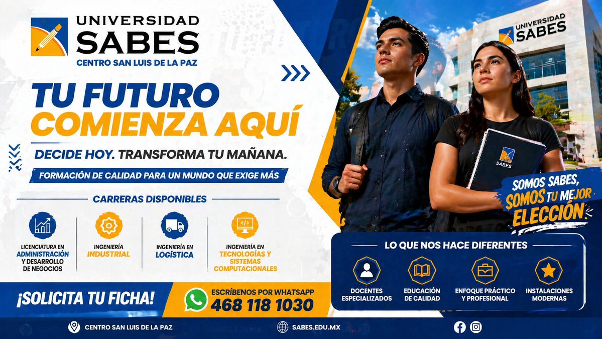 UnidegSlpaz's tweet image. ¡Tu futuro comienza aquí! 🎓🚀 En la Universidad SABES te ofrecemos carreras como Administración, Ingeniería Industrial, Logística y más. ¡Decide hoy y transforma tu mañana! 💡 Solicita tu ficha al WhatsApp 468 118 1030. 📲 #Futuro #UniversidadSABES #Carreras #FormaciónDeCalidad