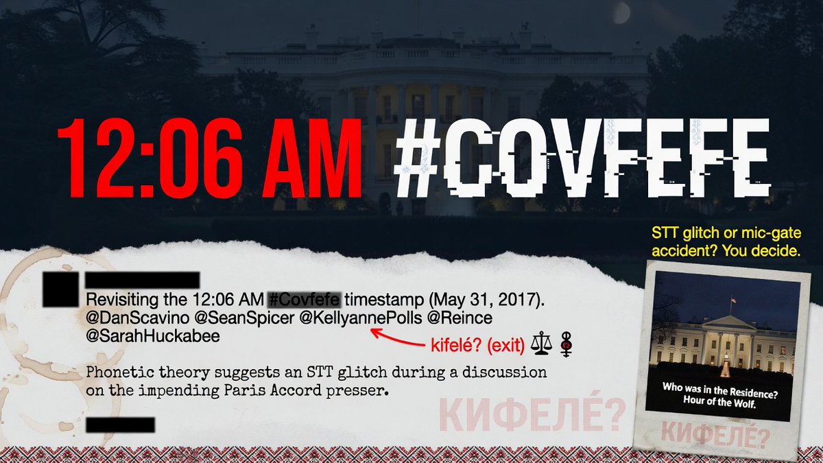 Shikataganai's tweet image. Revisiting the 12:06 AM "#Covfefe" timestamp (May 31, 2017).  @DanScavino @SeanSpicer @KellyannePolls @Reince @SarahHuckabee 
Phonetic theory suggests an STT glitch during a discussion on the impending Paris Accord presser. Would any of you care to share some thought as to the