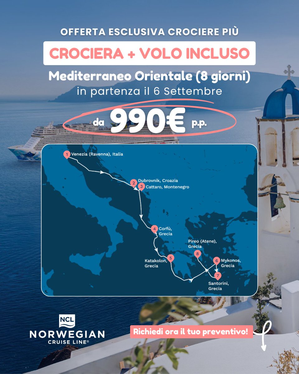 crocierepiu's tweet photo. 📣 OFFERTA ESCLUSIVA ❌ Crociera nel Mediterraneo da 990€ con VOLO INCLUSO✈️🚢
Solo con Crociere Più puoi accedere a una tariffa esclusiva a bordo di Norwegian Cruise Line💙

Per un preventivo gratuito e personalizzato:
📞 Centro prenotazioni 0766036214
📲 WhatsApp 345 929 4019 https://t.co/peuiP2IMeu