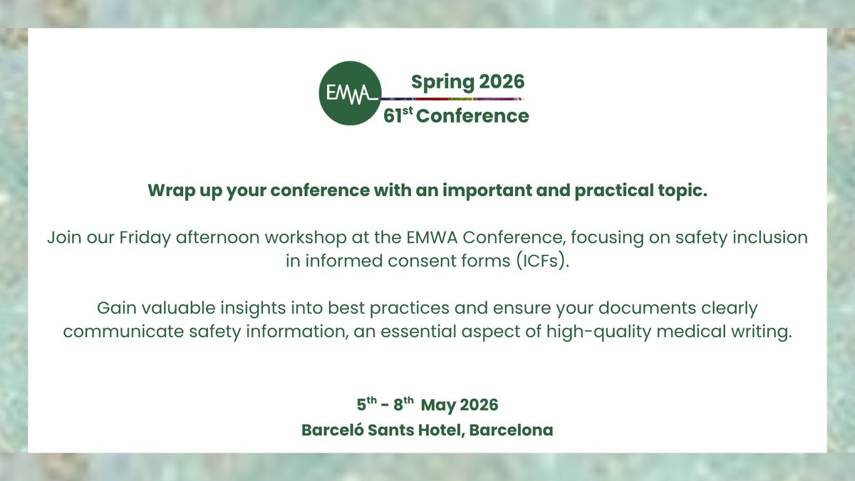 EMWA1989_'s tweet photo. Finish strong 💪

Join Friday’s workshop at the EMWA Conference on safety inclusion in ICFs.

https://t.co/bEzLoEVKnI

#MedicalWriting #EMWA https://t.co/226Fo32IH4