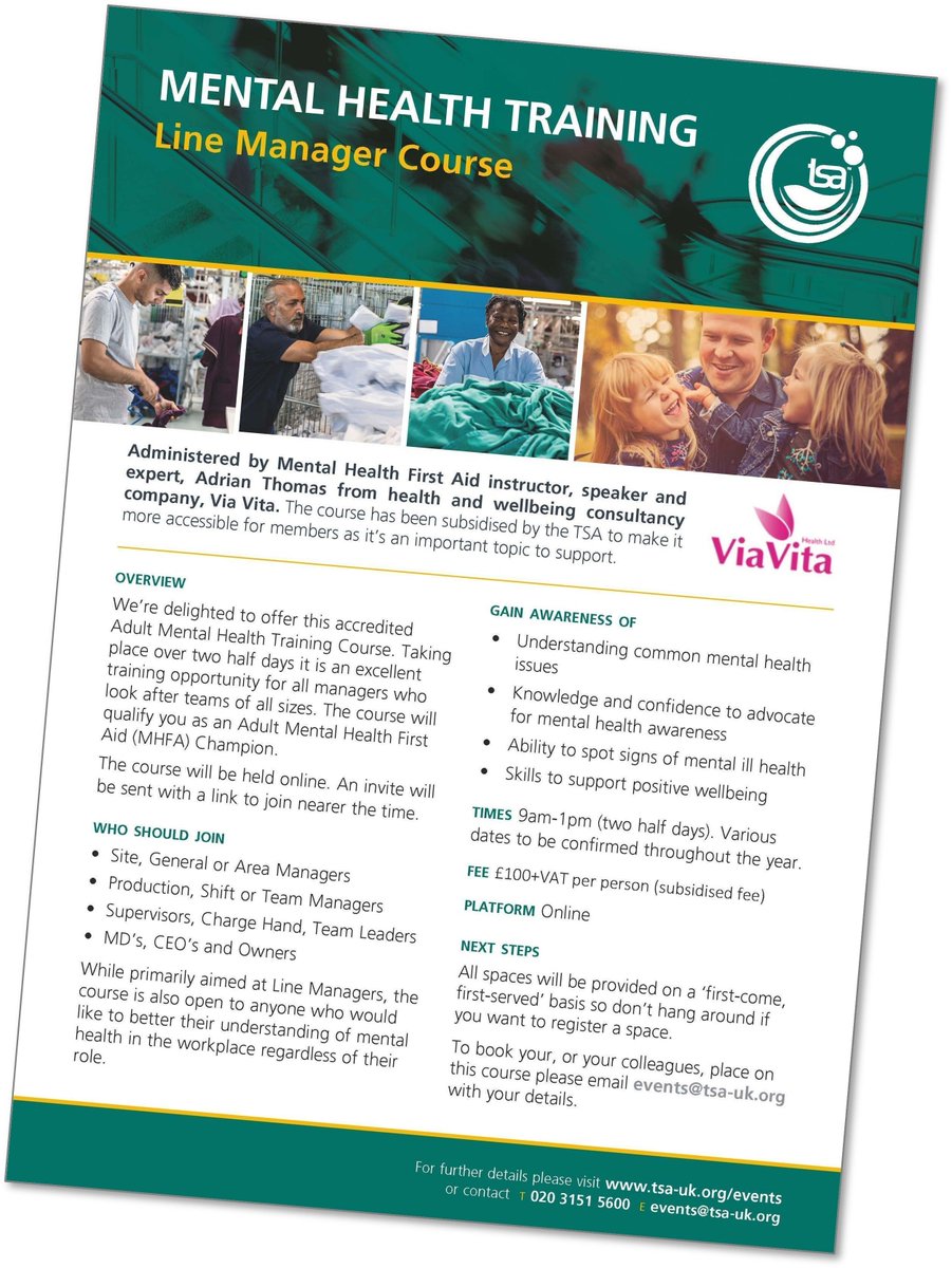 TextileServices's tweet image. Mental Health Line Manager Course Online - June 2026

Aimed at Line Managers &amp;amp; anyone who would like to better their understanding of mental health in the workplace regardless of their role: tsa-uk.org/tsa-training/ 

#textileservices #laundry #hospitality #healthcare #workwear