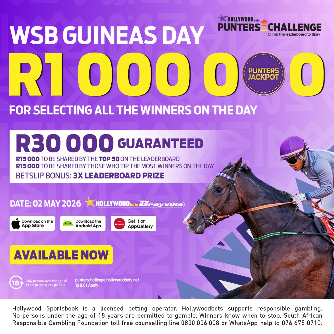 PuntChallenge's tweet photo. The iconic Punters Challenge shifts up a gear for the WSB Guineas Day taking place at Hollywoodbets Greyville Racecourse on Saturday 2 May. Marking the beginning of the KZN Champions Season, it features many reasons to play. The free-to-play jackpot is R100 000 if you select all the winners on the day and R1 million if you back your picks with R50 on the betslip. A share of R15 000 is up for grabs if you finish in the top 50 on the leaderboard; back your bets with R50 on the betslip and your leaderboard prize is multiplied by three! A R15 000 must-be-won prize purse is shared by those who select the most winners on the day. Make your selections now! 🐎

#GuineasDay