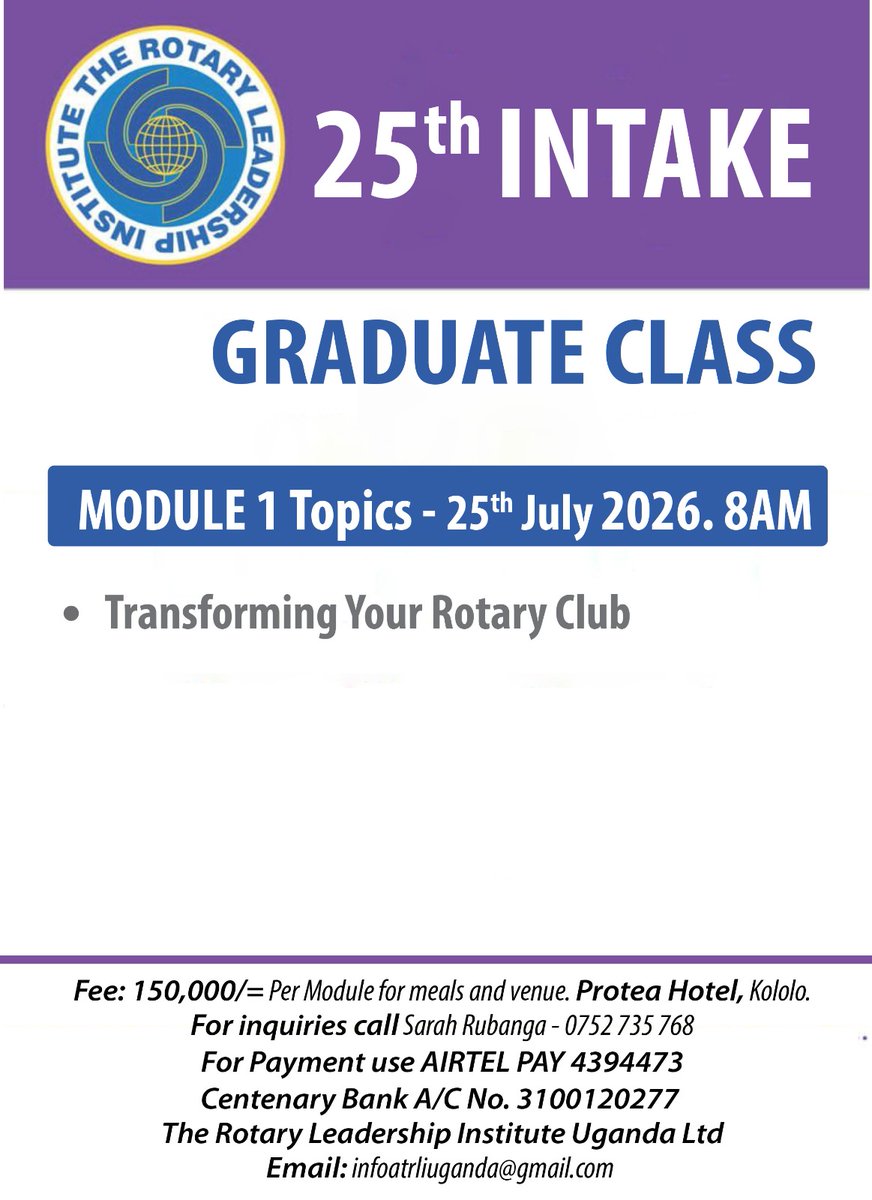Rliuganda2's tweet photo. 🚨 NEW INTAKE: 

Do you wake up in a cold sweat thinking, "Oh no, I’m in charge of this club"!

Do you feel like you need a map or  compass to navigate your tenure? 

Well, put down the panic button and pick up your calendar.

📅: Sat 25/7/26
📡: Protea Hotel, Kampala.
⏰: 8AM. https://t.co/e9dP2MFgsv