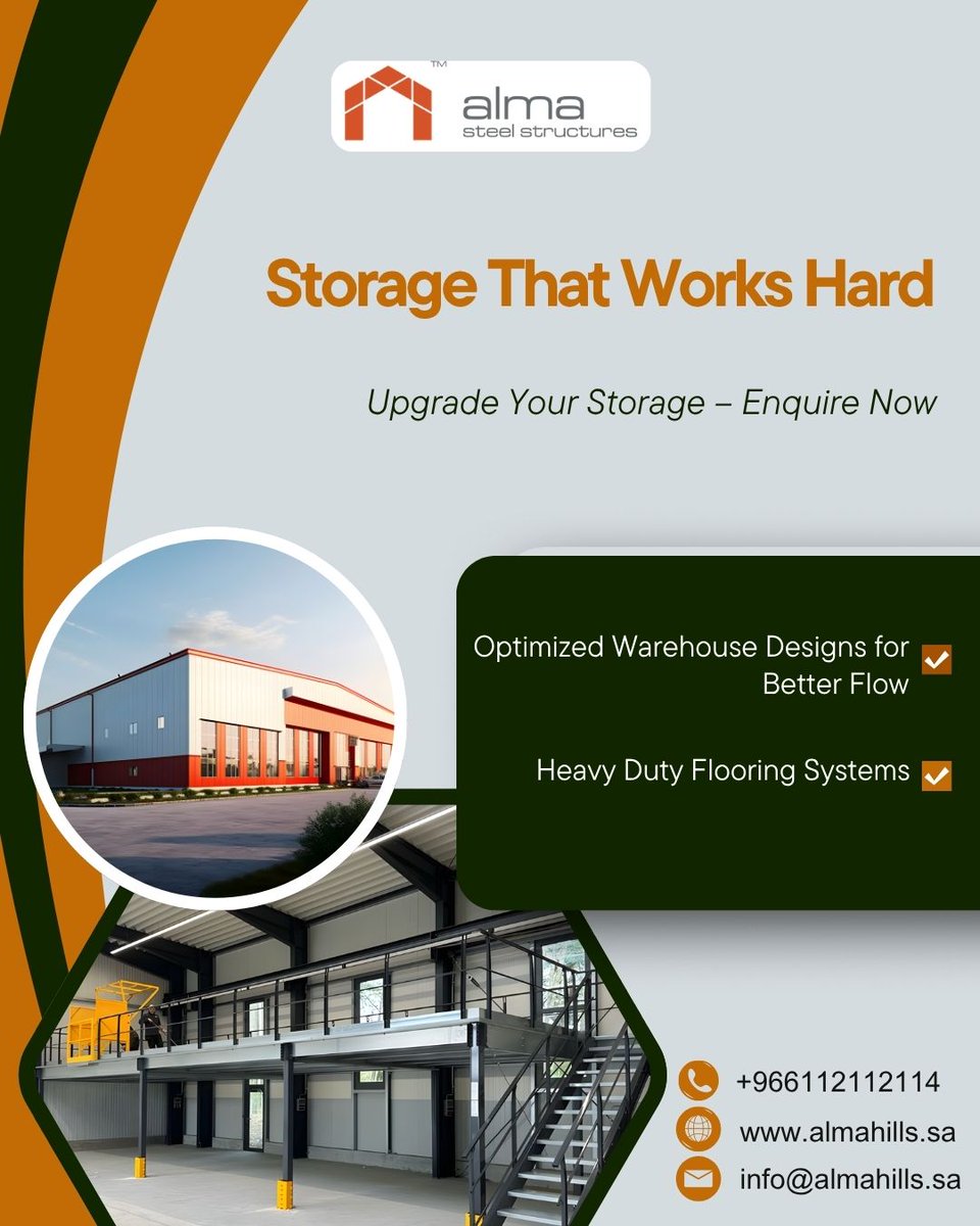 Alma__Steel's tweet image. Storage that works hard for you! Upgrade your storage solutions with ALMA Steel Structures for optimized warehouse designs and heavy-duty flooring systems.

almahills.sa
#SteelStructures #WarehouseDesign #HeavyDutyStorage #UpgradeYourStorage #EfficientFlow #Storage