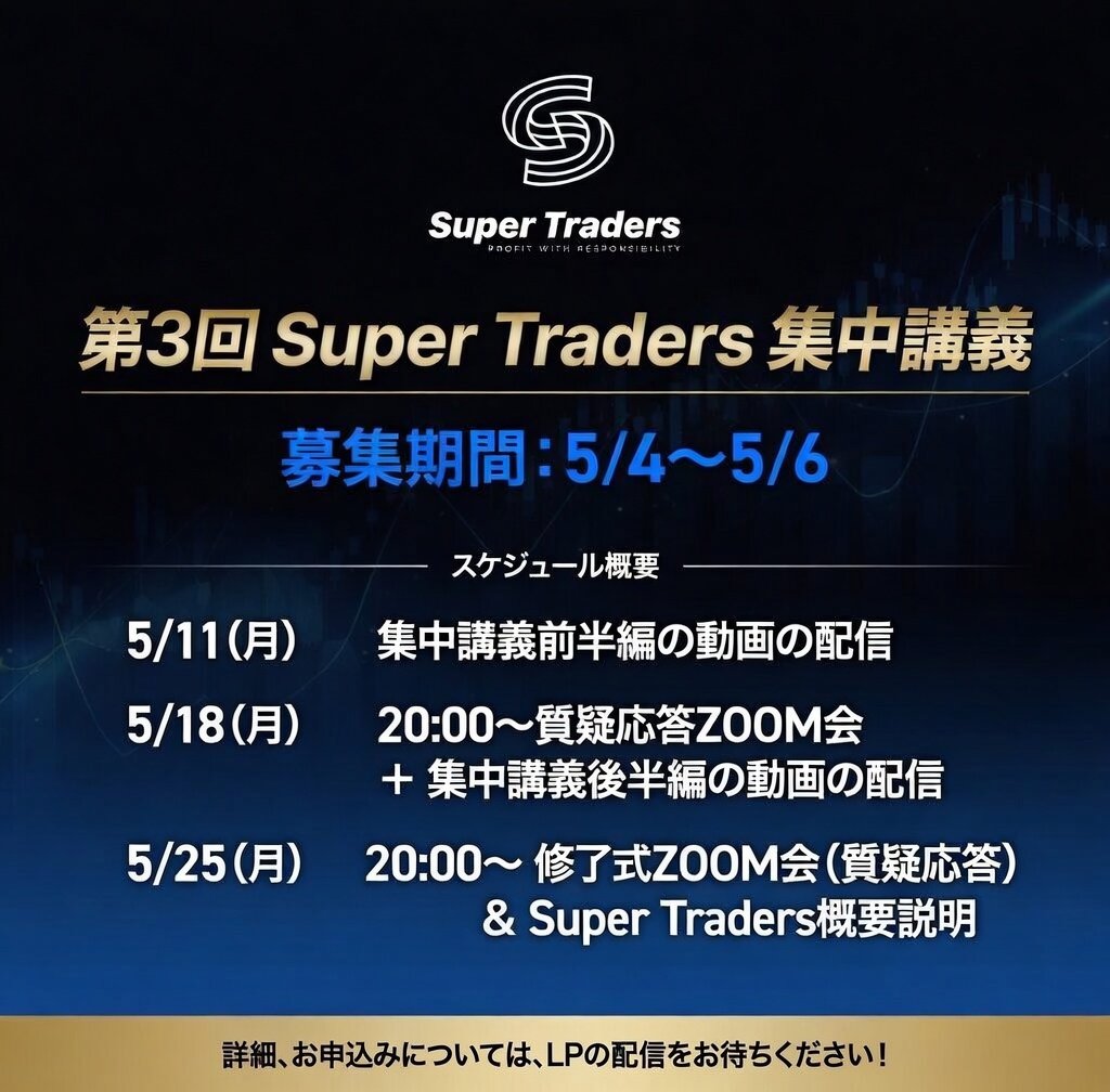 SuperTraders33's tweet photo. 📢【第3回Super Traders集中講義 募集のお知らせ】 

『FXトレーダーを社会的な職業にする🫶』

この理念を掲げるSuper Tradersへの参加権利を得られるのは、この集中講義を受講された方のみとなります❤️‍🔥

Super Tradersの理念に共感し、本気で共に歩みを進めたいという方は、必ず集中講義の受講が必須です📈

🔁Super Traders集中講義概要

✅️どんな手法の方でも参加可能。

✅アーカイブ動画形式で、期間中にご自身のタイミングで受講可能。

✅週に2本の集中講義を好きな時間に学習可能。

✅講義の合間に直接おたかに質問が可能なZOOM会を開催。

✅限定15名までの少人数制。

✅全受講後に修了式＆Super Traders概要説明会を実施。

【募集期間】

5月4日（日）〜 5月6日（火）の3日間のみ

【集中講義受講スケジュール】

☑️5月11日（月）：集中講義前半戦の動画共有
☑️5月18日（月）：質疑応答ZOOM会 + 集中講義後半編の動画共有
☑️5月25日（月）：修了式ZOOM会（質疑応答）＆Super Traders概要説明

【価格】
一般価格：¥59,800(税込)

詳細は後日LPを配信させて頂きます😊

募集開始まで今しばらくお待ちください！

本気でトレーダーとして成長し、Super Tradersと共に歩みたいという方のご参加を心よりお待ちしております❤️‍🔥

#SuperTraders #スパトレ #集中講義 #FX #プロップ #プロップトレーダー