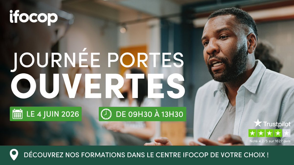ifocop's tweet photo. 🚀 Envie de faire avancer votre projet pro avant l’été ?
📅 Le 4 juin 2026, ifocop vous ouvre ses portes !
🎯 Reconversion, évolution, retour à l’emploi… et si c’était le bon moment ?
👉 Inscription : https://t.co/ZTeqjSWLXE
#PortesOuvertes #Formation #Reconversion #ifocop https://t.co/0rulJA068n