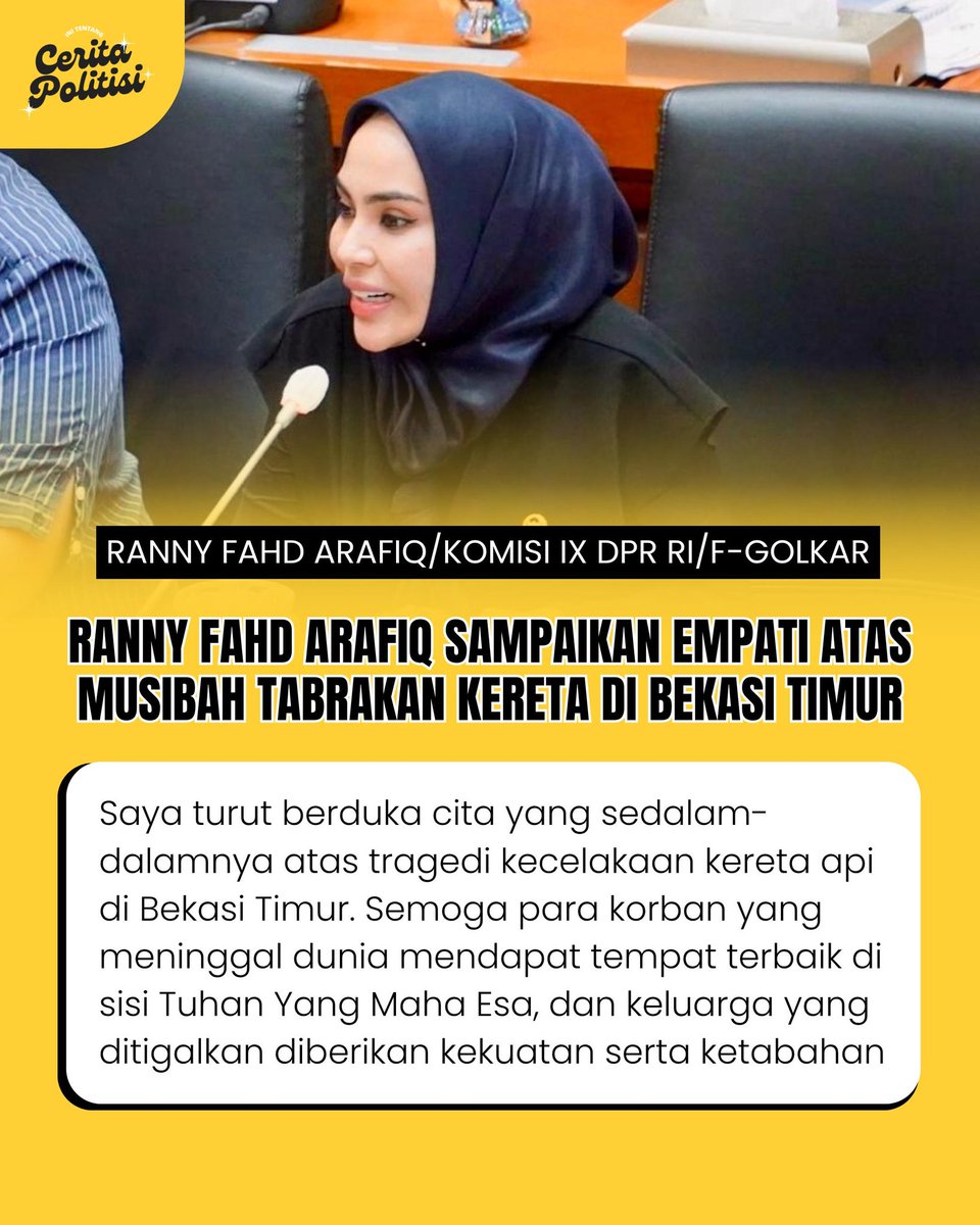 ceritapolitisi's tweet image. Anggota Komisi IX DPR RI, Ranny Fahd Arafiq, menyampaikan belasungkawa mendalam atas musibah yang terjadi. Ranny turut mendoakan para korban, keluarga yang ditinggalkan, serta seluruh pihak terdampak agar diberi kekuatan. 

#BahlilLahadalia #ESDM #Golkar #PrabowoGibran