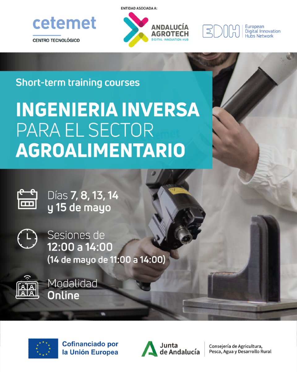 CTAndaluciaENG's tweet image. Want to get started with reverse engineering? ➡️ Sign up for this #Online course (in Spanish) organized by @cetemet as part of our #EU project @DIHAndAgrotech

👀 Learn how to capture, analyze, and digitally reconstruct objects into 3D models, focused on agri-industrial machinery