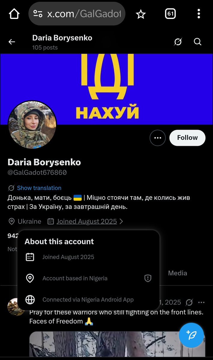 Scammer_Joker's tweet image. Please Priv/Spam Report/Block/Repost these Fake Ukrainian Soldiers. All using pictures from Instagram account vuvergo (Daria Borysenko)
1. DariaBorys6r
x.com/i/user/2029973…
2. Borysenkodaria0
x.com/i/user/2021697…
3. GalGadot676860
x.com/i/user/1955975…
Thanks 
#scammers