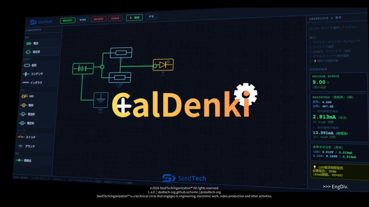 stedtechorg's tweet photo. NewWebApp "CalDenki"
【EngineeringDivよりお知らせ🔧】
この度、電気回路図から計算を行うWebアプリ "CalDenki"をリリースしました🔥
まだβ版ですので、今後のアップデートをお待ちください!

↓↓↓
https://t.co/RhVgmjnsfk

#StedTechOrganization https://t.co/PLddXuETf6