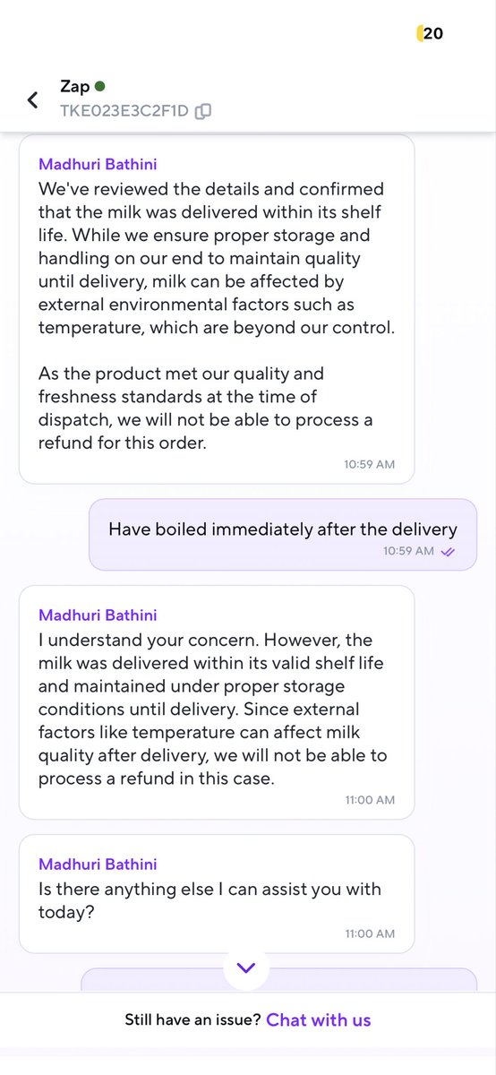 shervinj18's tweet photo. Spoiled milk delivered by Zepto today.
Boiled it immediately and it curdled 🤢

Shared proof with support → REFUSED refund.

Should I drink spoiled milk and get hospitalized?? @ZeptoNow @zeptocares 

#Zepto #CustomerServiceFail https://t.co/vGzGlSehow