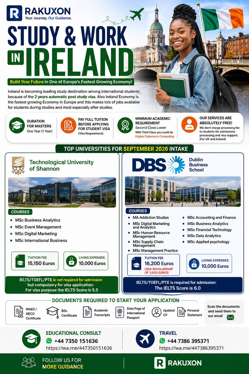 rakuxon's tweet photo. STUDY &amp; WORK IN IRELAND (2026 INTAKE)

Ireland is one of the fastest-growing study destinations in Europe, offering strong career opportunities during and after your studies. https://t.co/r8HagBL1RY