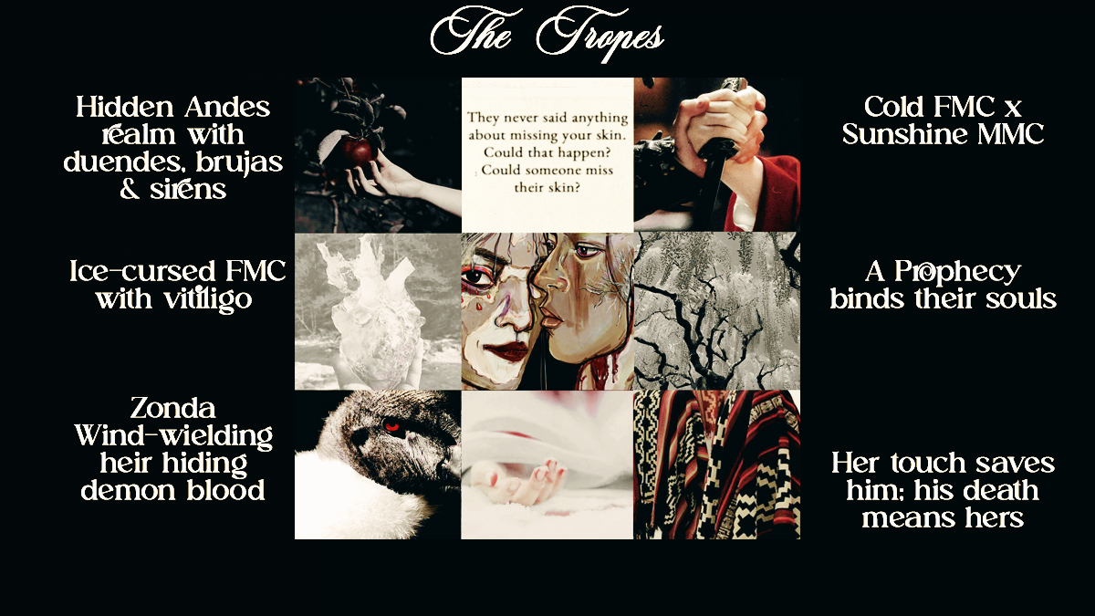 LunaCWriting's tweet image. Reverse KPOP DEMON HUNTERS x THE BRIDGE KINGDOM

🏔️ Hidden Andes realm with duendes, brujas &amp;amp; sirens
❄️ Ice-cursed FMC with vitiligo 
🌪️ Zonda Wind-wielding MMC hiding demon blood 
💫 A Prophecy binds their souls 
🍎 Her touch saves him; his death means hers

#QuestPit #F #R #Q