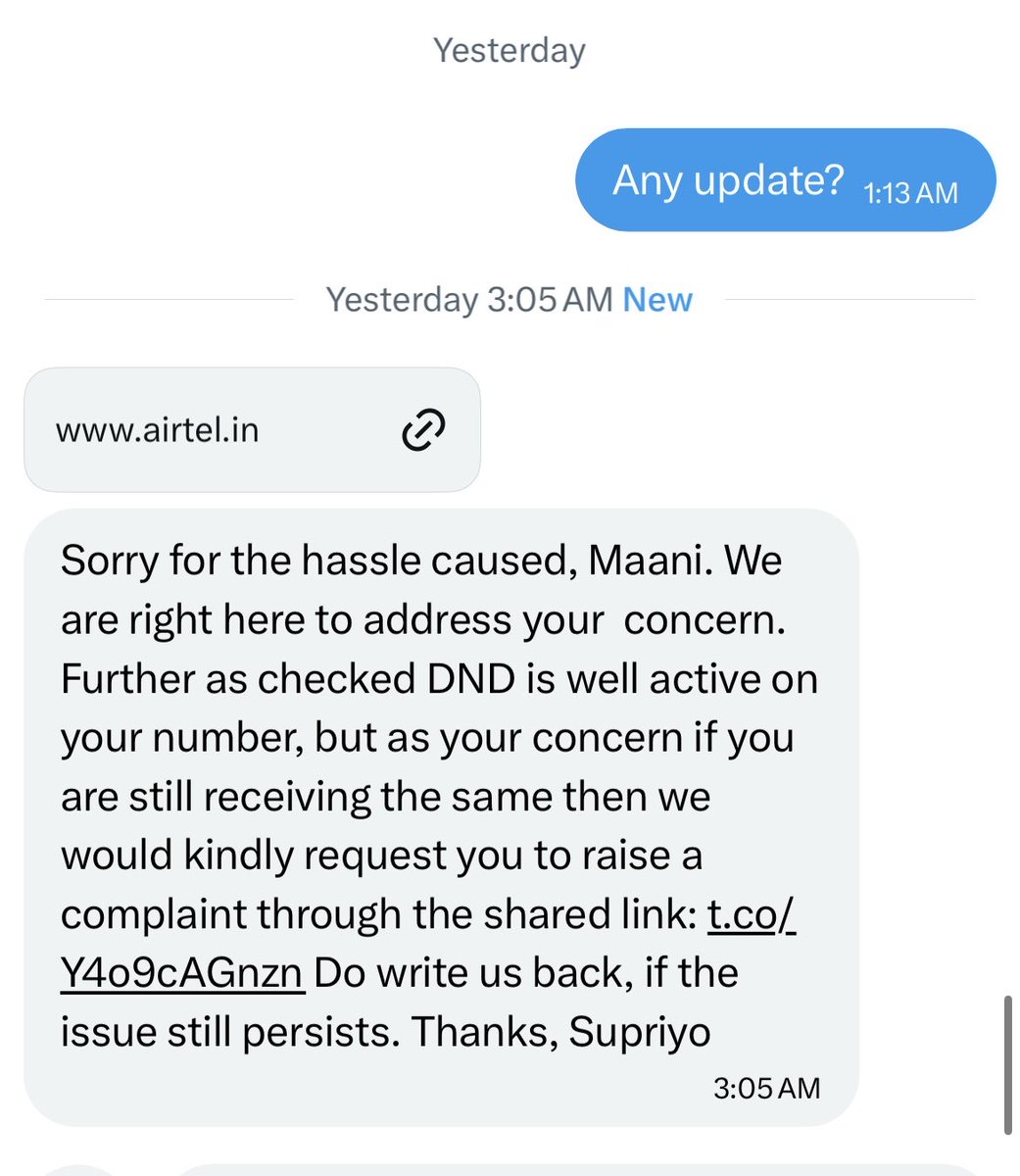 Maani_Jaze's tweet image. Routing us on 5 different places to raise the same issue but provide no solution but bullshit. And yes am still receiving spam n promo calls more than before after activating DnD. #fraud #airtel #falsepromises #nullresolution #useless