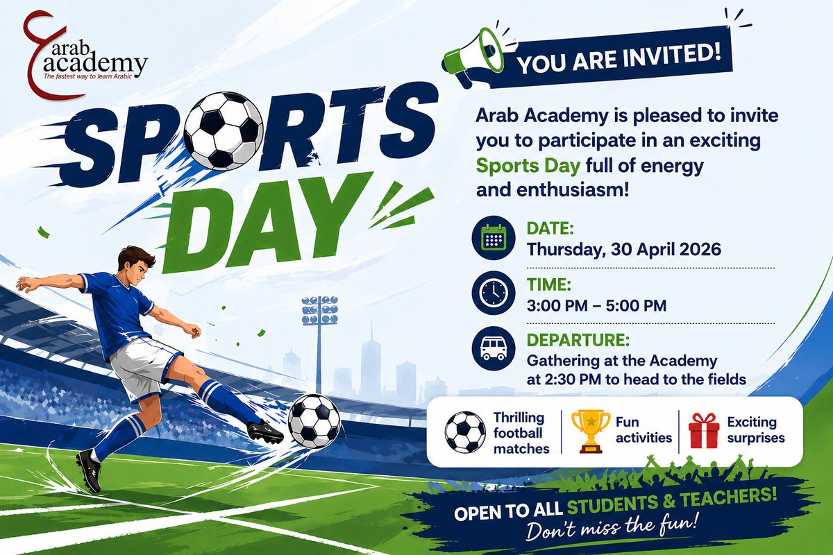 arabacademy's tweet image. ⚽🔥 Sports Day at Arab Academy!
Join us for football, fun, and exciting activities!
Open to all students &amp;amp; teachers 💪
📅 30 April 2026
⏰ 3:00 – 5:00 PM
Don’t miss it! 🎉
Learn more :  arabacademy.com/how-egyptian-m…
.
.
.
#learning #arabiclanguage #egypt #learn #arab #ArabAcademy