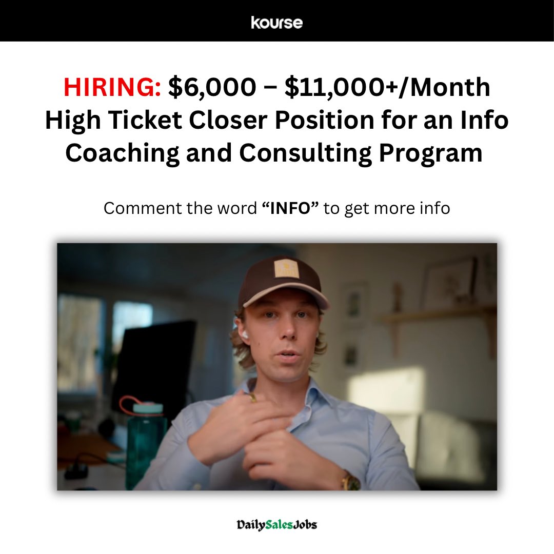 zekielsimon's tweet photo. 🚨 HIRING - HIGH TICKET SALES CLOSER 🚨

Info Coaching and Consulting Program is scaling...

OTE: Commission + bonuses 

Closers: $6k - $11k in first 1-2 months (10% commission)

Fast-growing offers | Performance-based

We’re looking for hungry, coachable sales reps who:
 • Have experience (or strong interest) in the online coaching/info product space
 • Can communicate clearly and build rapport fast
 • Are driven by performance and results

♻️ Like & Repost, then

Comment “INFO” to apply.
.
.
.
(Note: this offer has been posted on the daily sales jobs skool community)