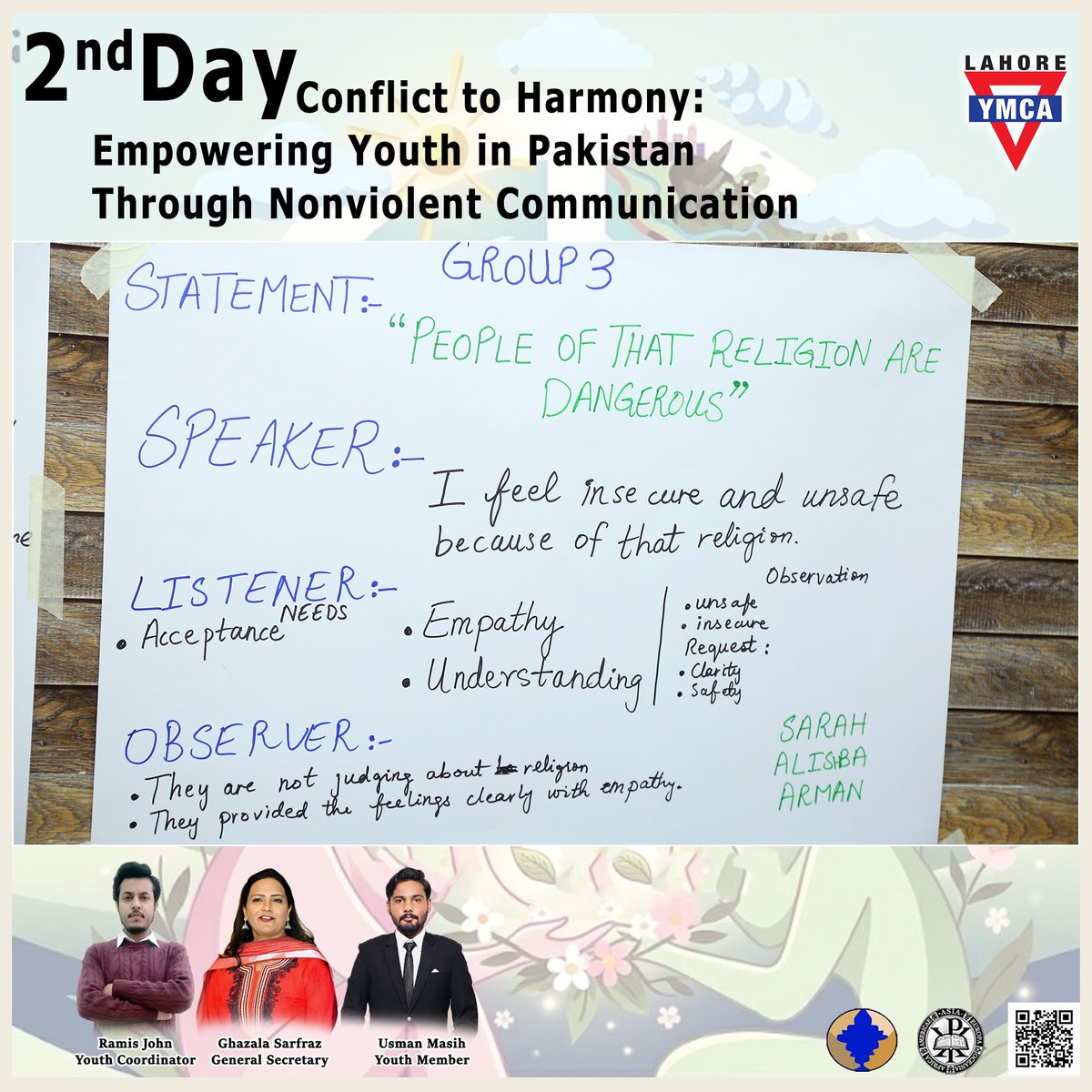 ymca_lahor59383's tweet image. Day 2 - Workshop on Nonviolent Communication

Responding to hate speech using NVC - Group Activity on the chart paper conducted by Mr. Ramis John (Youth Coordinator) 
#NonviolentCommunication #ConflictToHarmony #PeaceBuilding #YouthEmpowerment #NVC #EndHateSpeech #PromotePeace