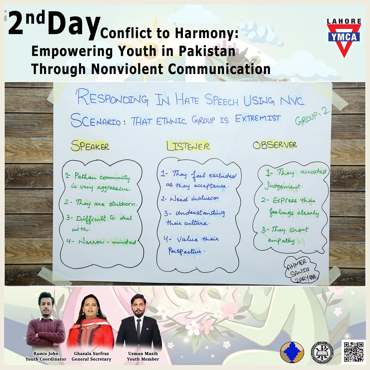ymca_lahor59383's tweet image. Day 2 - Workshop on Nonviolent Communication

Responding to hate speech using NVC - Group Activity on the chart paper conducted by Mr. Ramis John (Youth Coordinator) 
#NonviolentCommunication #ConflictToHarmony #PeaceBuilding #YouthEmpowerment #NVC #EndHateSpeech #PromotePeace