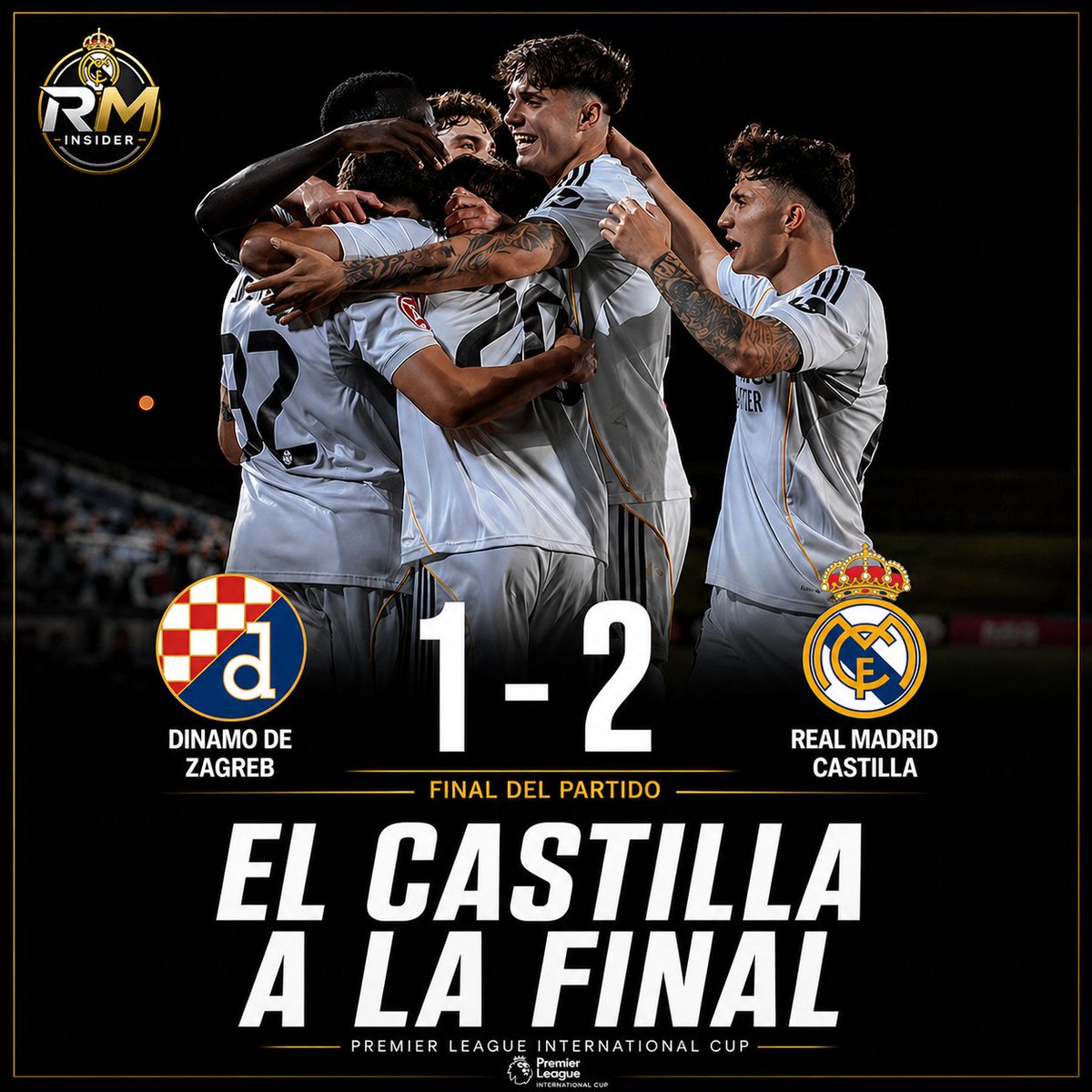 rminsider_'s tweet image. 🏆 EL CASTILLA A LA FINAL

⚽️ El #RealMadrid Castilla ha ganado al Dinamo de Zagreb (1-2) y jugará la final de la #PremierLeague International Cup.

✅ El #Castilla se adelantó con un gol de Aguado pero el Zagreb empató al final

➡️ En la prórroga, Bruno marcó el gol del triunfo
