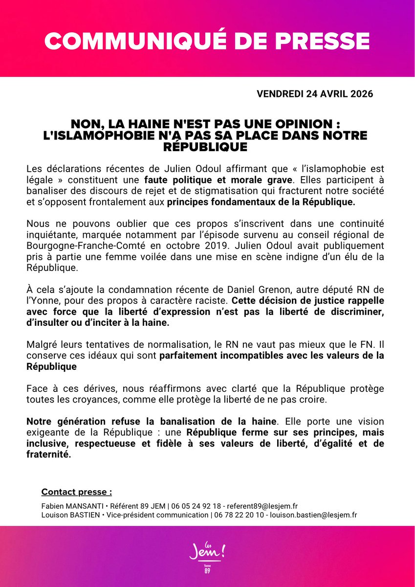 lesjem89's tweet photo. Non, la haine n’est pas une opinion.
L’islamophobie n’a pas sa place dans notre République 🇫🇷

La liberté d’expression ne doit jamais servir à discriminer ou inciter à la haine.
Notre génération refuse la banalisation de ces discours.

#République #StopHaine #Laïcité https://t.co/0u3vpkE0HJ
