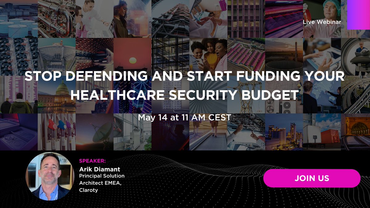 ClarotyHealth's tweet image. 🗓️ 14 May: Join this @Claroty webinar to learn how to translate technical risks into a strategic business case that secures the required investments to secure devices and patient data.

✅ Register Now → hubs.li/Q04dRW0p0

#HealthcareSecurity #HealthIT #IoMT #Cybersecurity