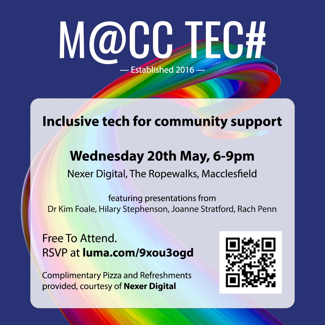 MaccTech's tweet image. Inclusive tech for community support, our next event at @Nexer_Digital on 20th May, from 6pm

RSVP Free at: luma.com/9xou3ogd

Complimentary Pizza and Drinks provided

#Macclesfield #Bollington #Inclusion #TechEvents #MaccTech