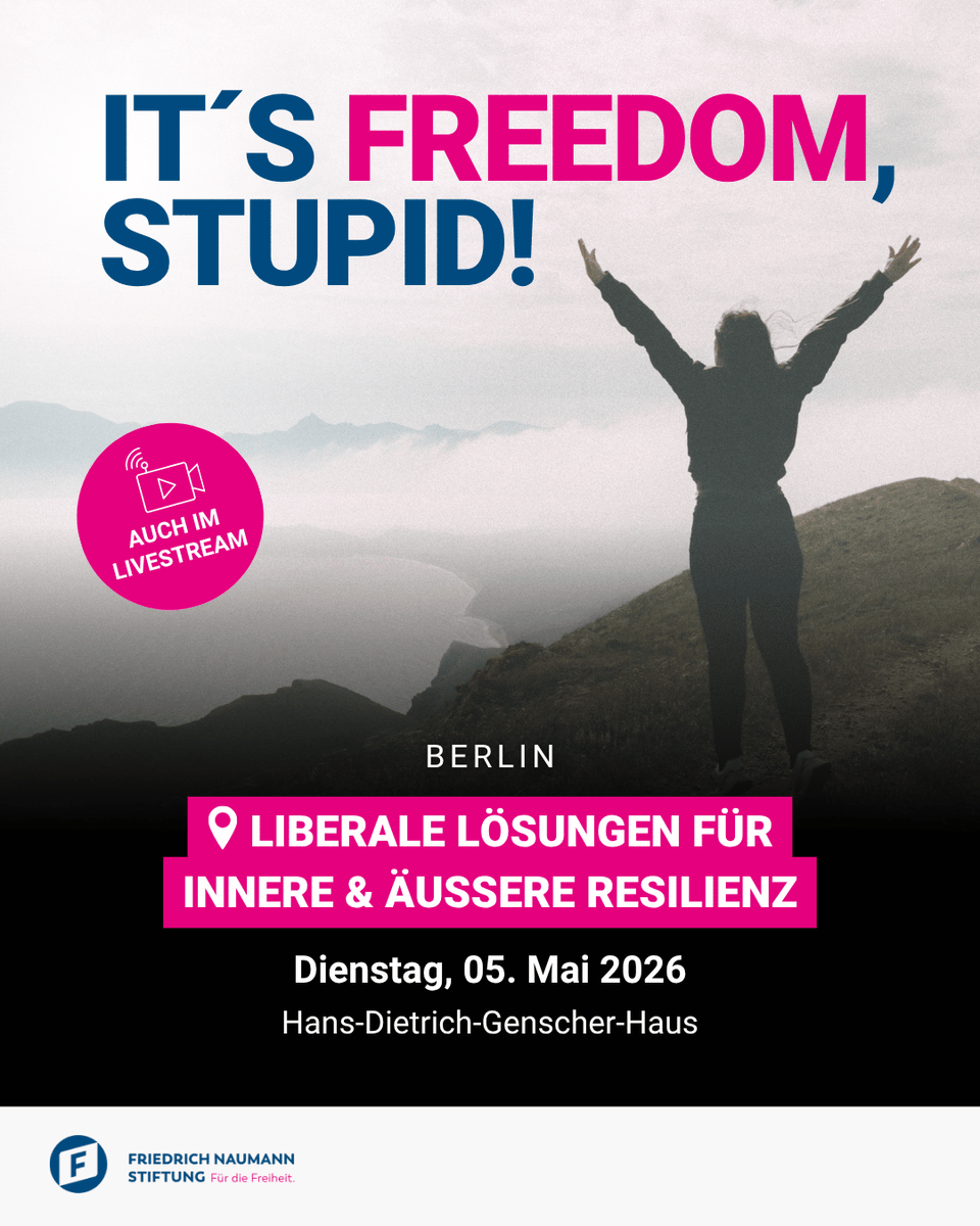 FNFreiheit's tweet photo. Unsere #Freiheit und unser #Wohlstand stehen unter Druck. Beim Podium „It’s Freedom, Stupid!“ diskutieren wir, was es jetzt braucht, um unsere Gesellschaft nach innen und außen widerstandsfähig zu machen – gegen #Polarisierung, wirtschaftliche Stagnation und geopolitische Umbrüche.

📍 Hans-Dietrich-Genscher-Haus, Berlin
 📅 05.05.2026
 🕕 17:00 – 19:45 Uhr
 🎤 Podiumsdiskussion

Mit dabei sind @christianduerr, @StSaebisch, @starkwatzinger, @florian_toncar, @LindaTeuteberg, @schnellenbachj, @stormy_mildner, @juliaruhs, @SchwenkerB und @K_Moessbauer. 
Sei dabei, live oder im Stream!