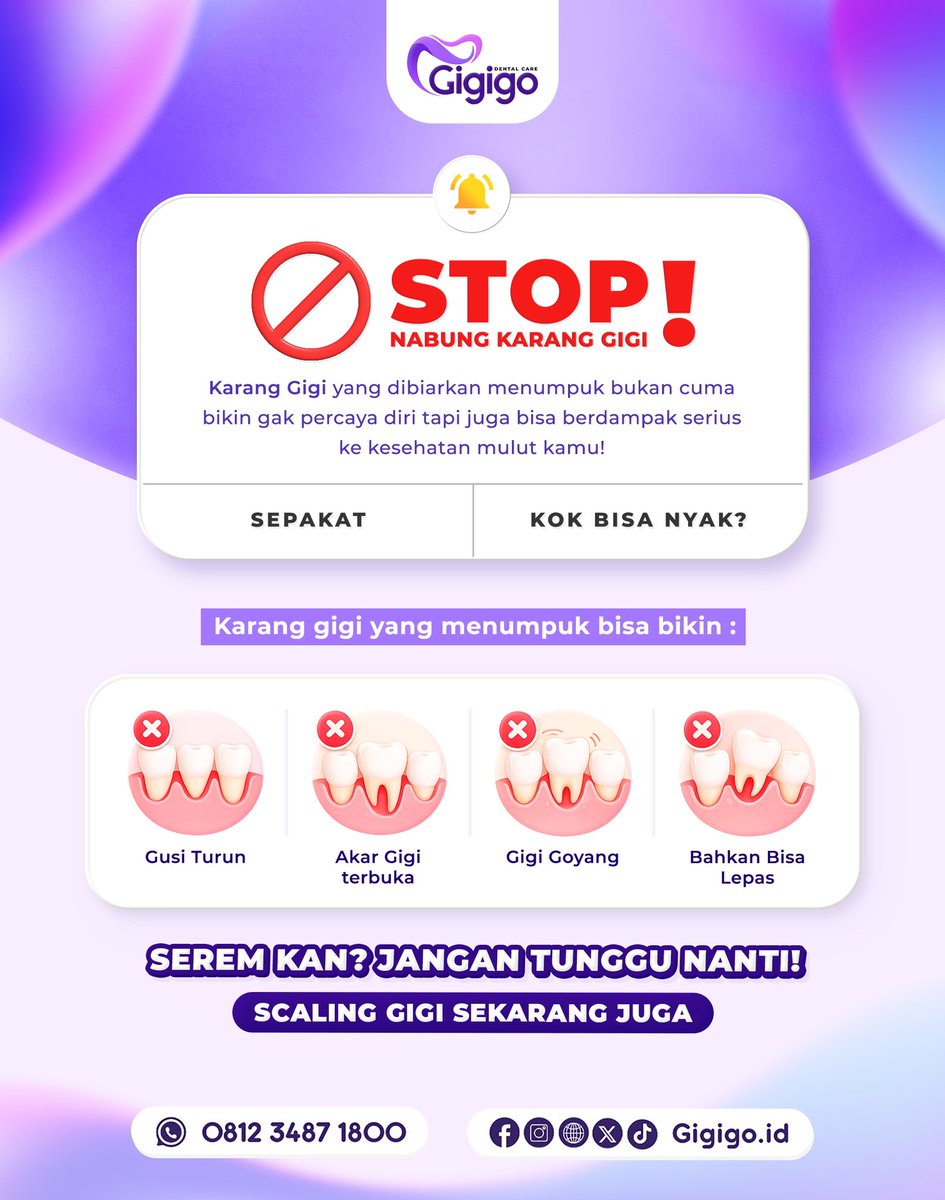 gigigo_id's tweet image. Siapa yang masih belum pernah scaling gigi?😌

Yuk buruan hempas semua karang gigi sebelum banyak masalah gigi muncul!🫣

JANGAN DITUNDA LAGI!
RESERVASI SEKARANG JUGA!😎💥

#gigigo #dental #doktergigi #perawatangigi #scaling