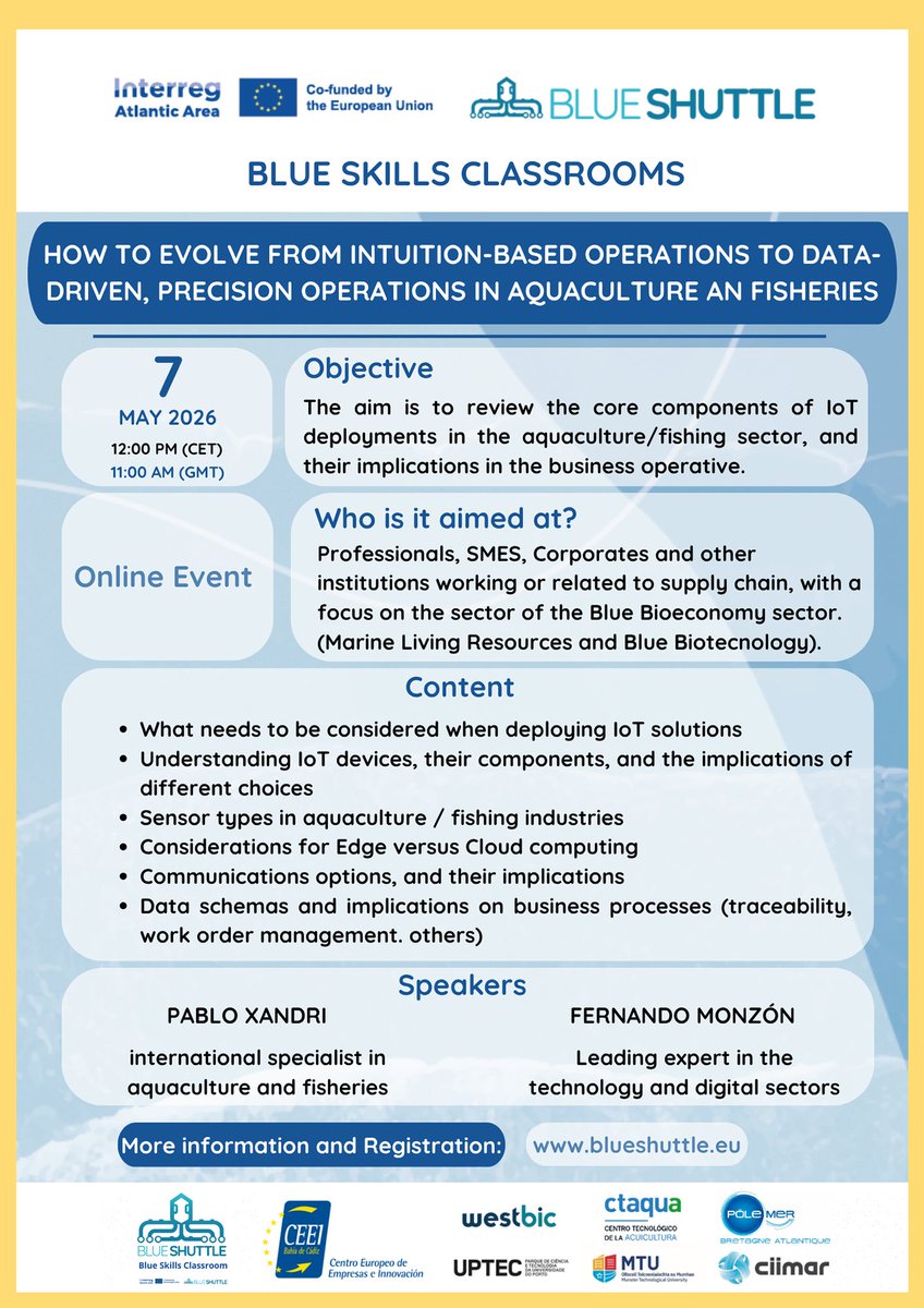 Ctaqua_CT's tweet photo. 🗓️7 MAYO 2026 |⏰12:00-14:00 CET |💻Online
Una OPORTUNIDAD para conocer cómo el IoT y las estrategias basadas en datos están transformando la #acuicultura y la pesca
🔶Organizamos esta sesión en el marco del proyecto #BlueShuttle
👉https://t.co/oVbpt9c4EW
@AtlanticArea https://t.co/TWKXyZ8wDJ