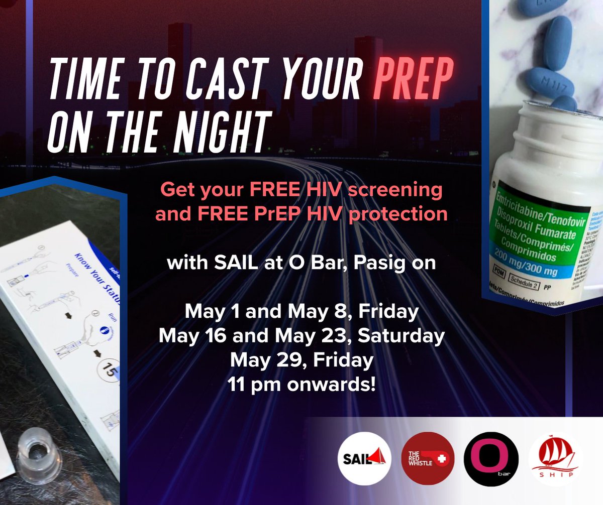 SailClinics's tweet image. Get HIV screening and the protection of #PrEP for FREE at O Bar, Pasig, with the #SAILClinics (and @theredwhistle)! 🏙

It's PrEP and love on the nights of:
🌙 May 1 and 8, Friday
🌙 May 16 and 23, Saturday
🌙 May 29, Friday

See you at O Bar. 😘
#TogetherWeSAIL with PrEP at O!