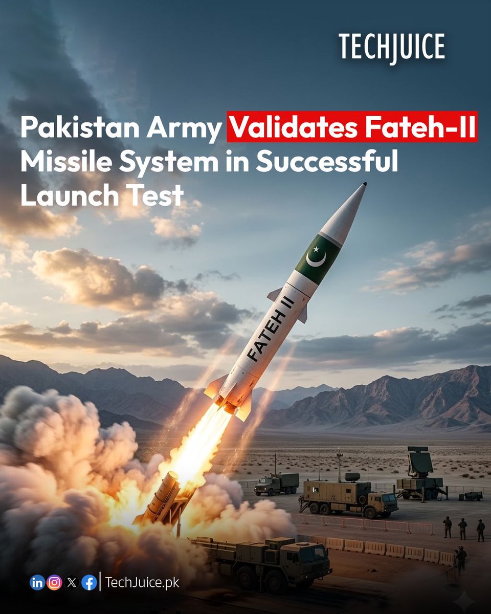 TechJuicePk's tweet image. Pakistan Army validates Fateh II missile system.
Pakistan’s Army has successfully conducted a training launch of the locally developed Fateh II missile, highlighting continued progress in defense technology and operational capability.

#techjuice #defense #pakistan #missile